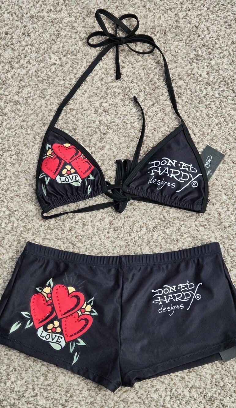 ED HARDY Bikini Size M Hearts & Script 2-Piece Swim Set NWT